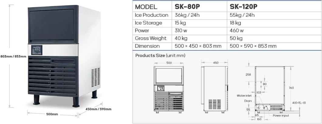 Snooker Model Sk-120p 55kg/24h Productivity Commerical Ice Cube Making Machine